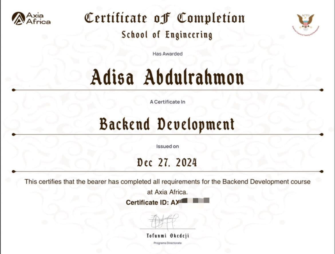 Axia Africa Backend Developer Certificate