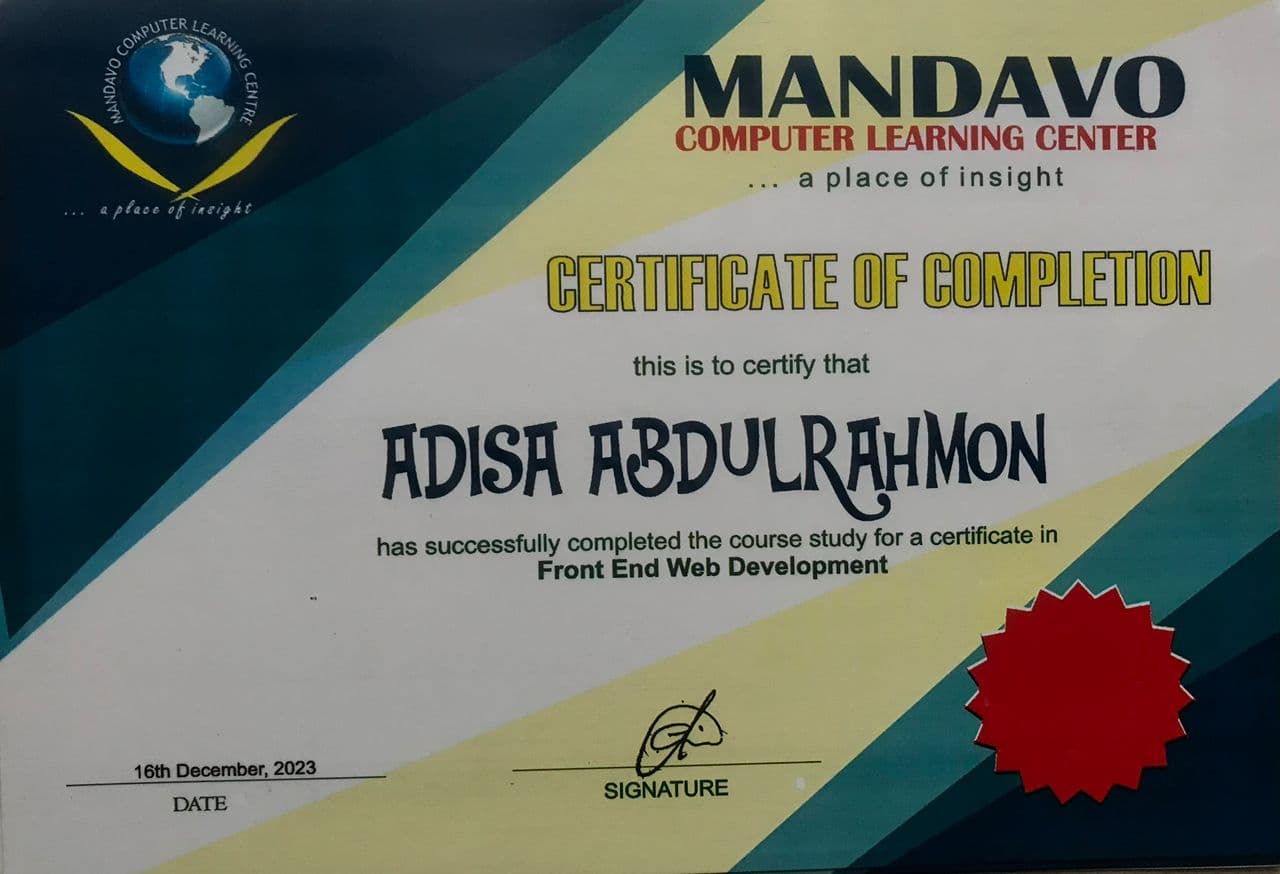 Mandavo Computer School Frontend Developer Certificate