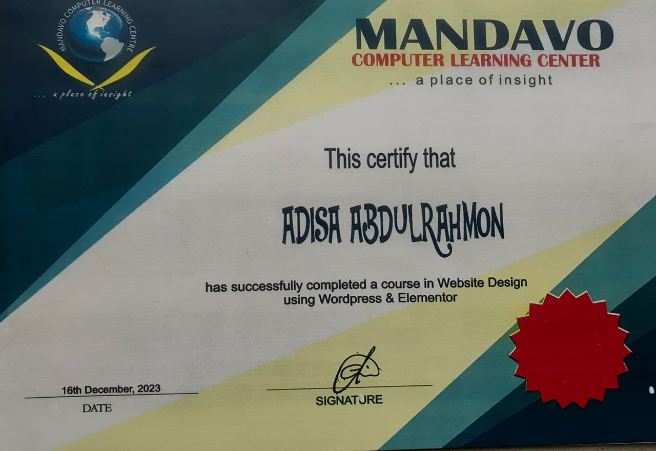 Mandavo Computer School WordPress Elementor Developer Certificate